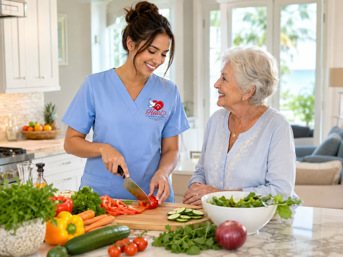 Caregiver and senior preparing a meal together in a bright kitchen