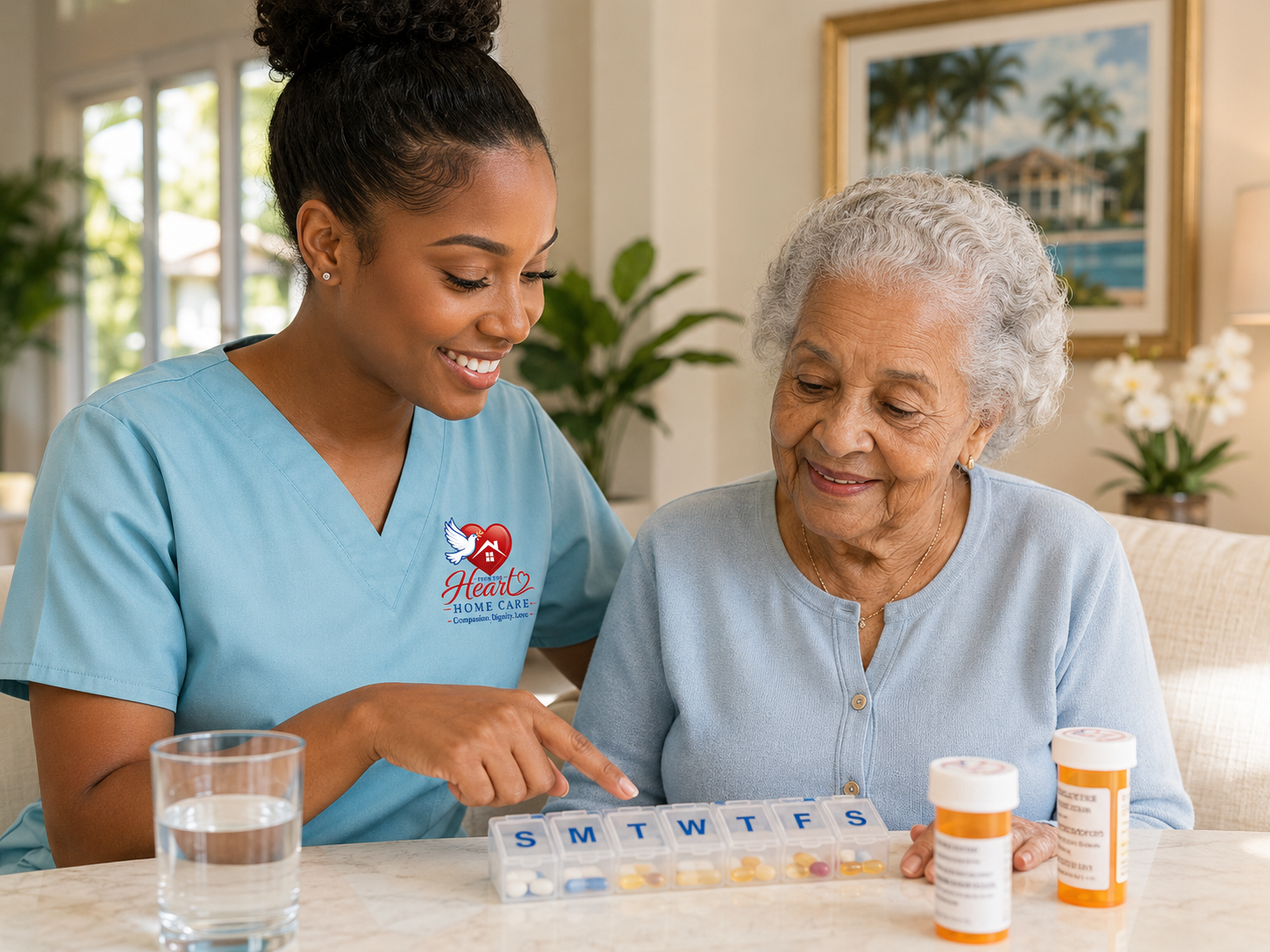 Caregiver gently assisting senior with daily schedule