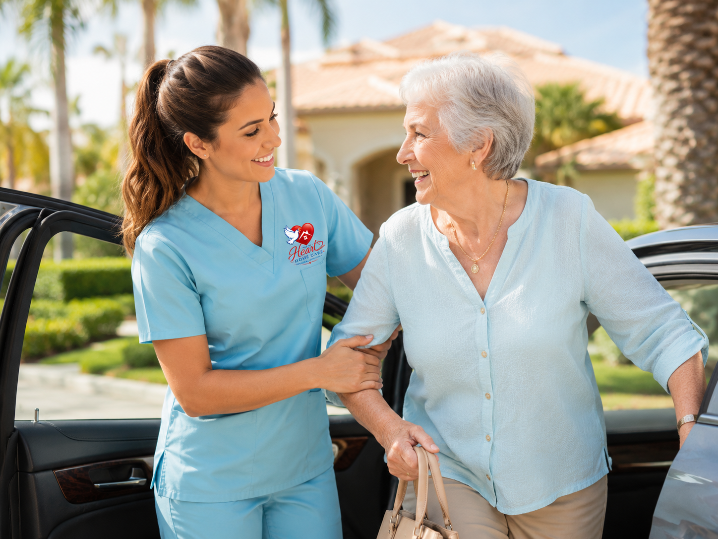 Caregiver walking arm-in-arm with senior outdoors