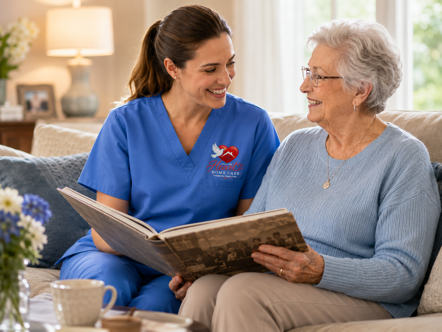 Caregiver and senior chatting warmly on a couch