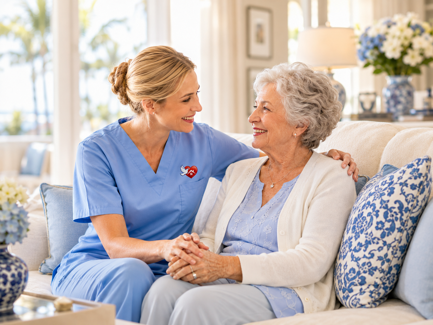 Caregiver and senior sharing a warm moment together