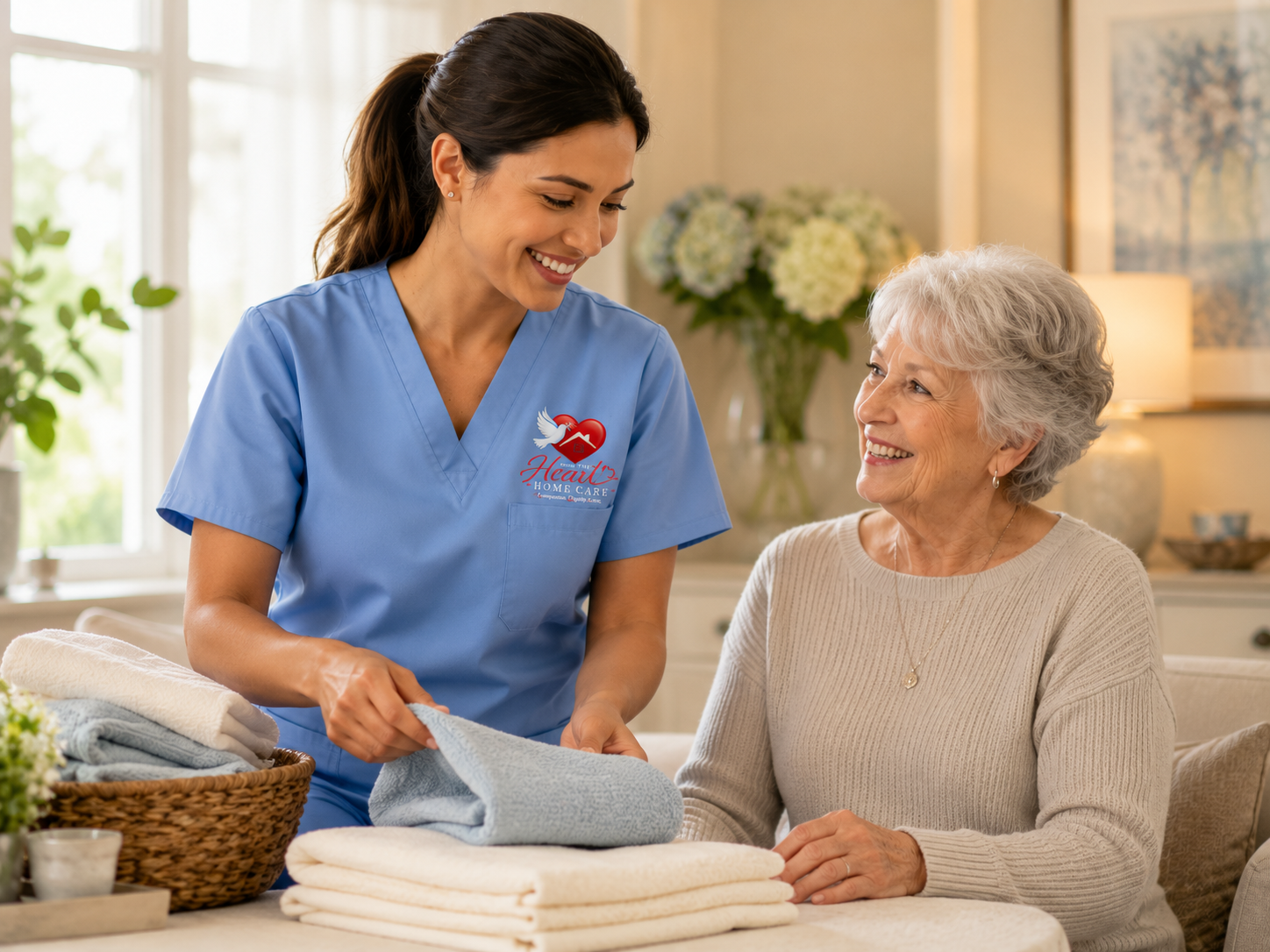 Caregiver tidying a bright, comfortable living room